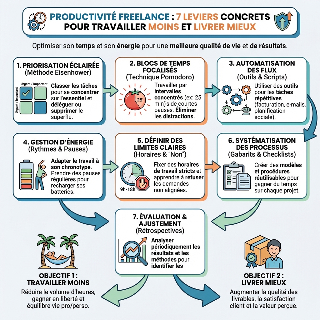 Productivité freelance : 7 leviers concrets pour travailler moins et livrer mieux - infographie