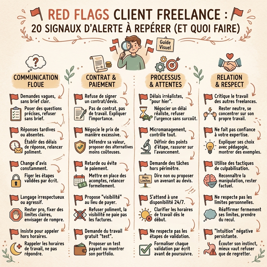 Red flags client freelance : 20 signaux d’alerte à repérer (et quoi faire) - infographie