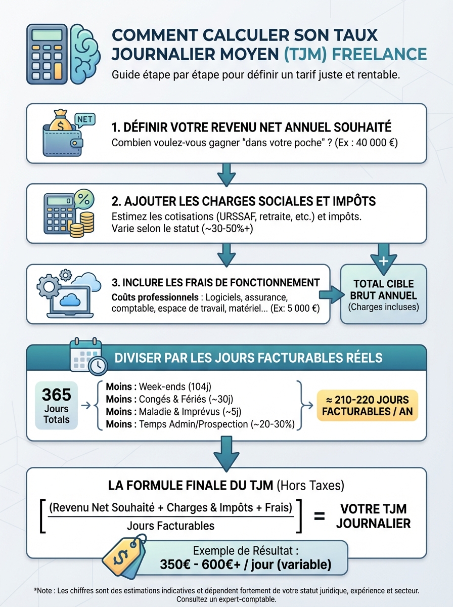 Infographie comment calculer son taux journalier moyen freelance